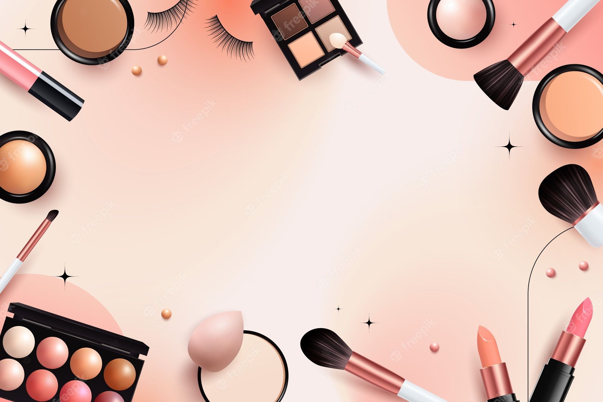 Various makeup products arranged in a circle on a pink background - Makeup