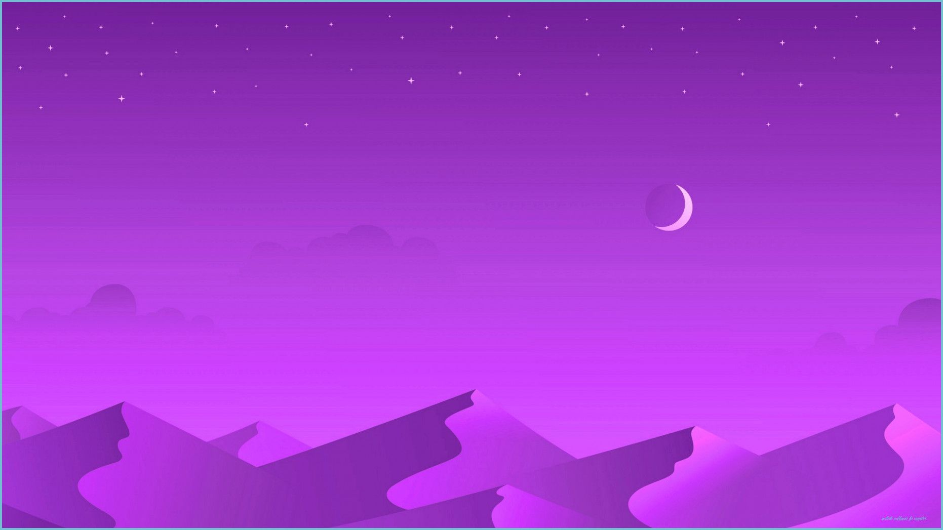 A purple sky with a crescent moon and stars above a purple mountain range - Computer