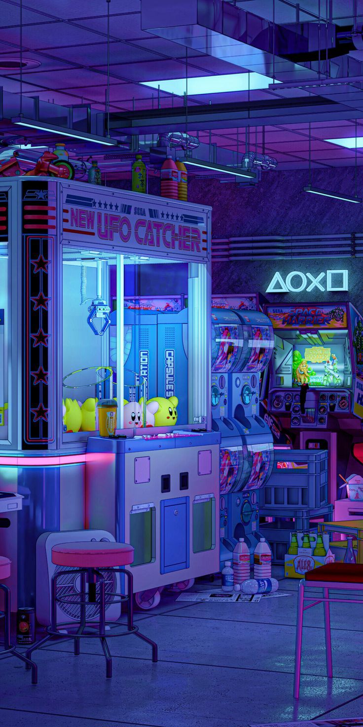 Aesthetic wallpaper of a neon-lit arcade with a claw machine, video games, and arcade machines. - Arcade