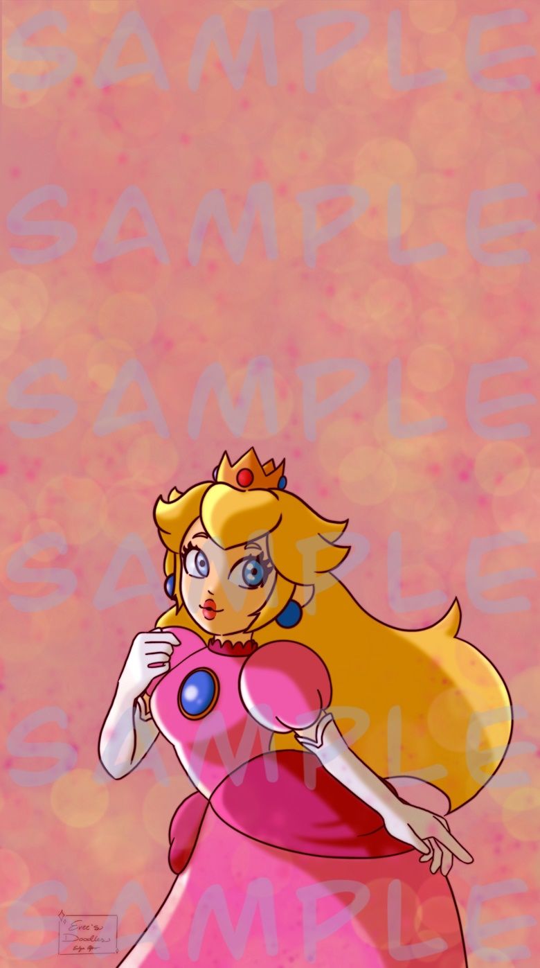 Princess Peach from the Mario franchise, wearing her pink dress and standing in front of a peach background. - Princess Peach