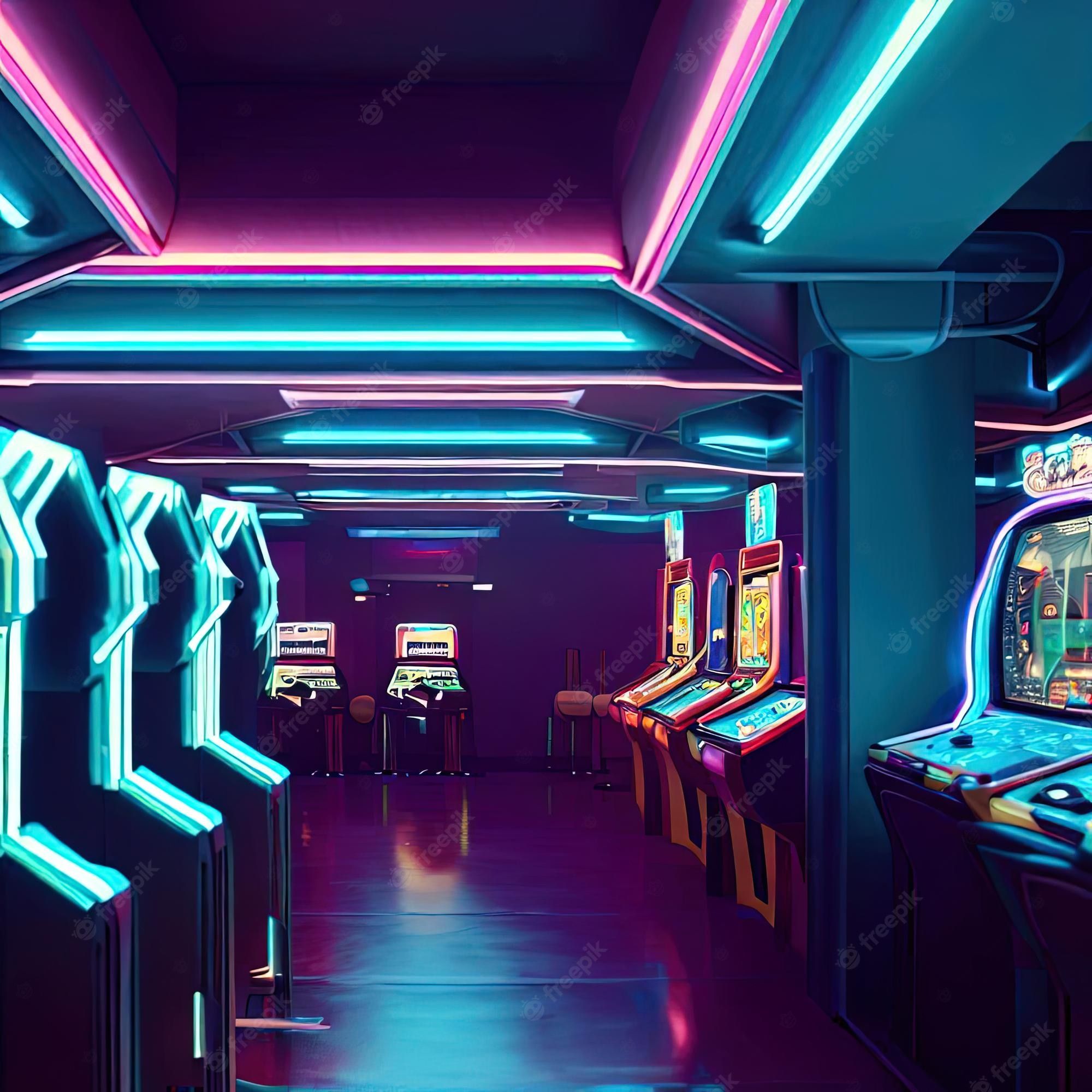 A row of gaming machines lit up with blue and pink lights - Arcade