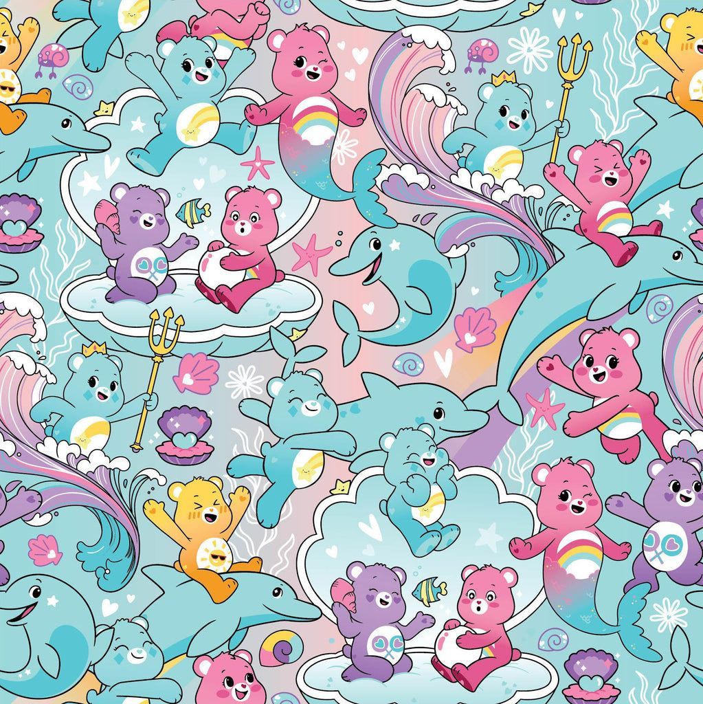 A pattern of Care Bears and Care Cubs in pastel colors. - Care Bears