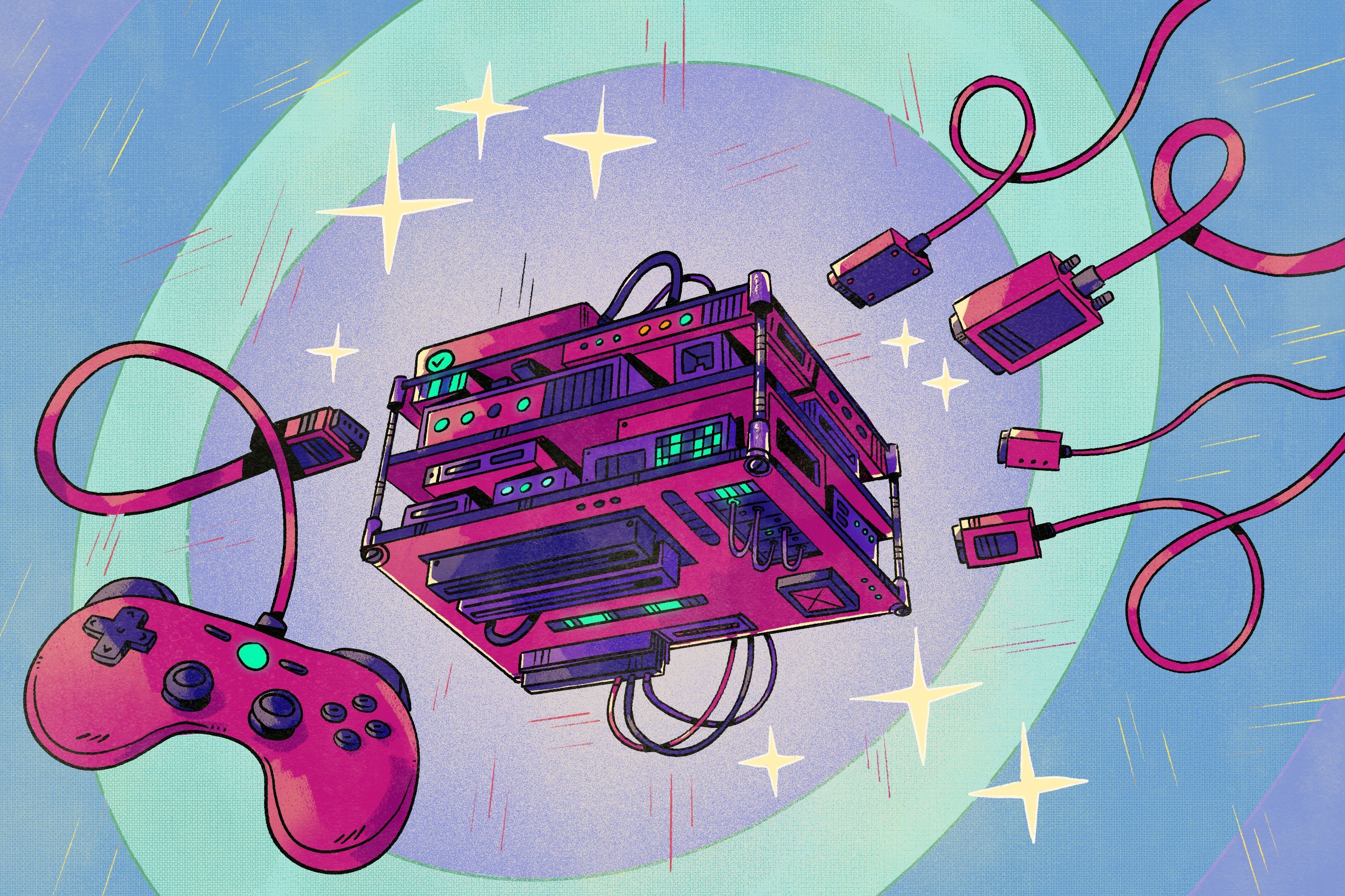 An illustration of a floating pink cube with a video game controller attached to it. - Arcade, Nintendo
