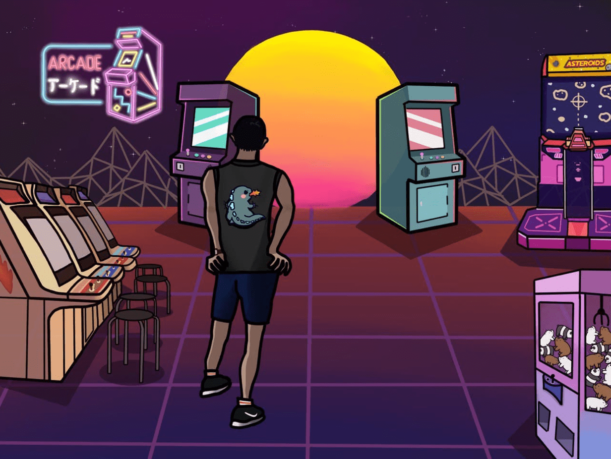 A man standing in front of a row of arcade games with a sunset in the background - Arcade