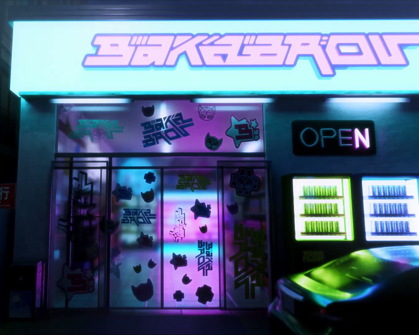 A futuristic convenience store with a neon sign that says 