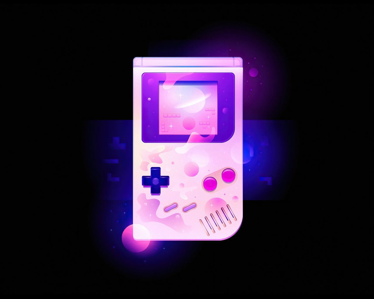 A pink and purple Gameboy with a black background - Arcade