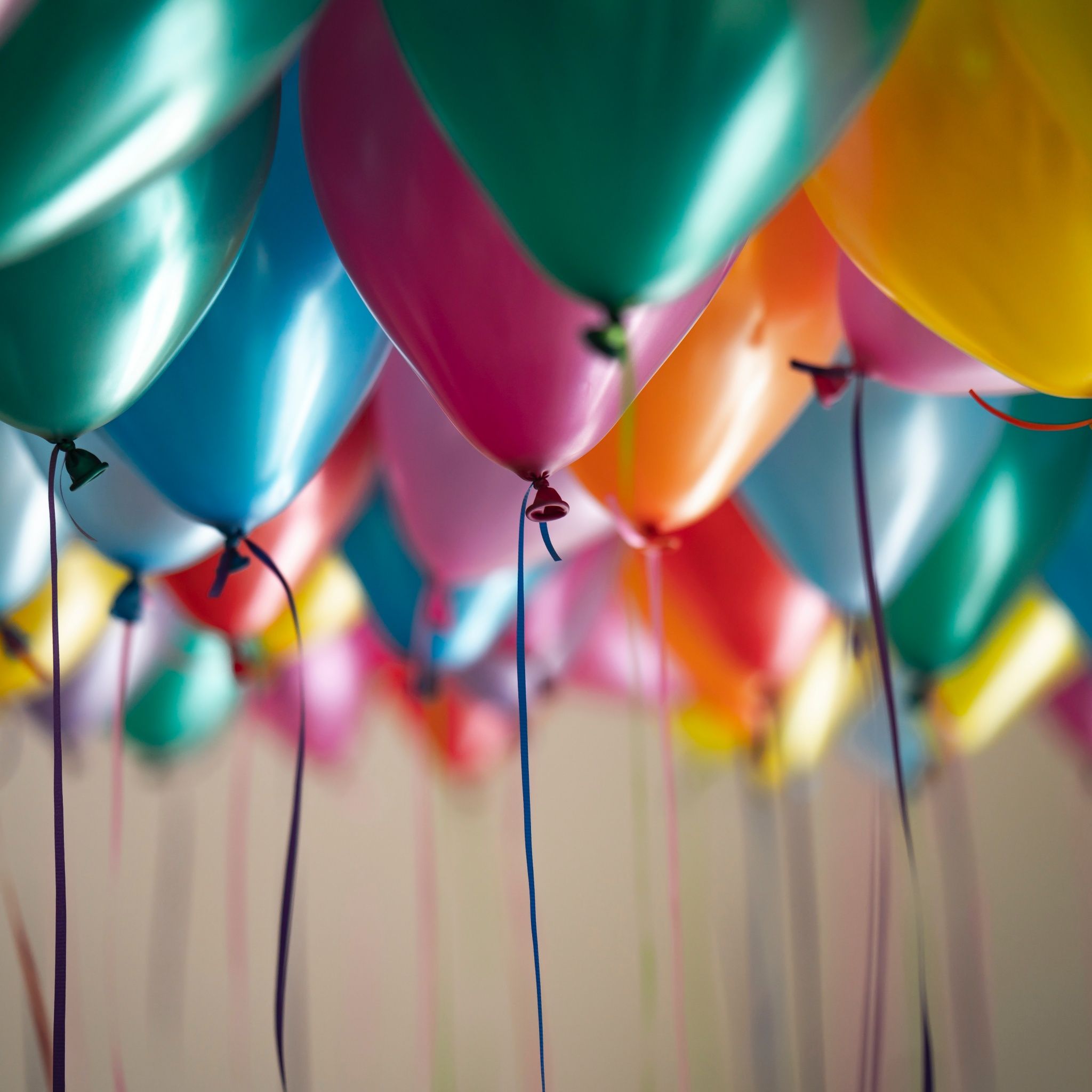 A group of colorful balloons tied together. - Balloons