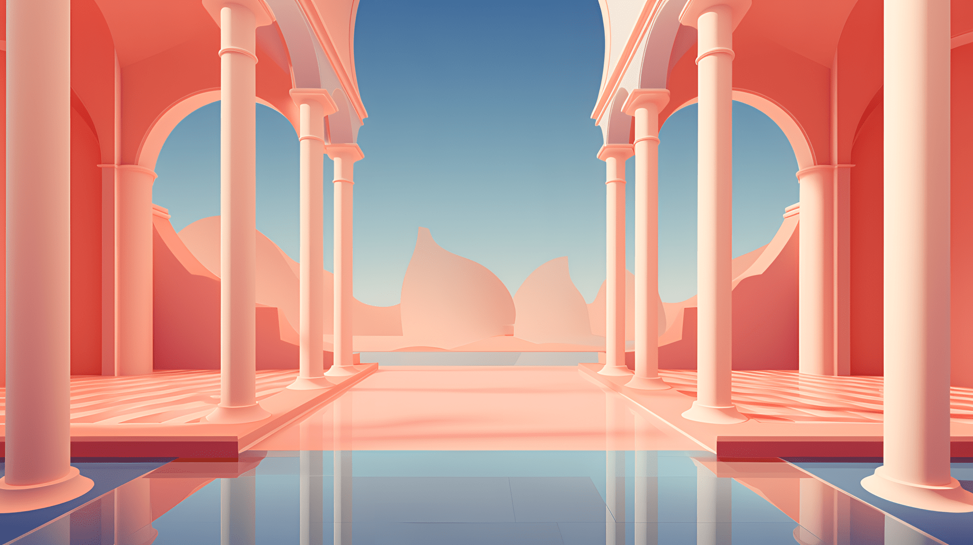 An image of a pink palace with arches and pillars. - Arcade