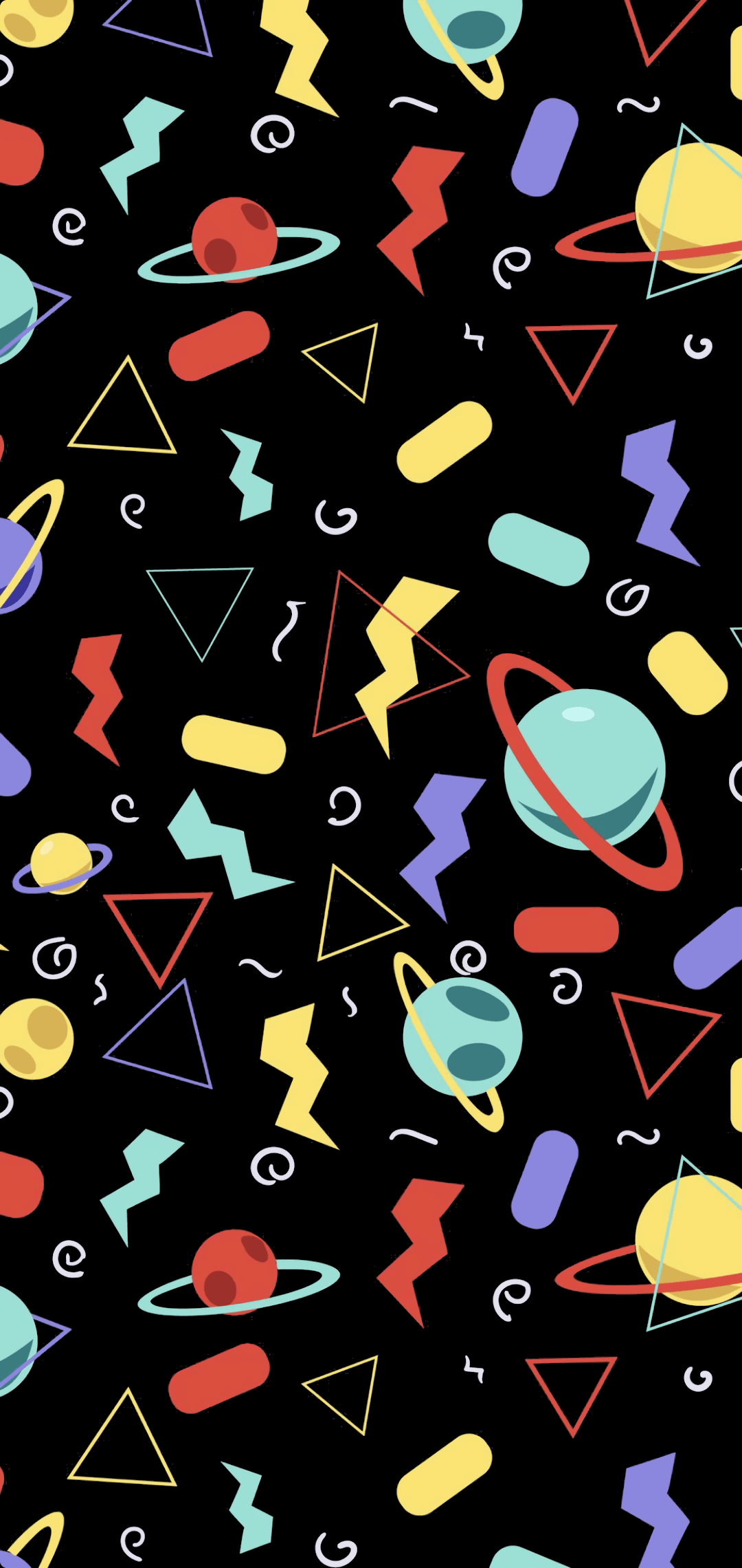 A black wallpaper with colorful geometric shapes and planets. - Arcade