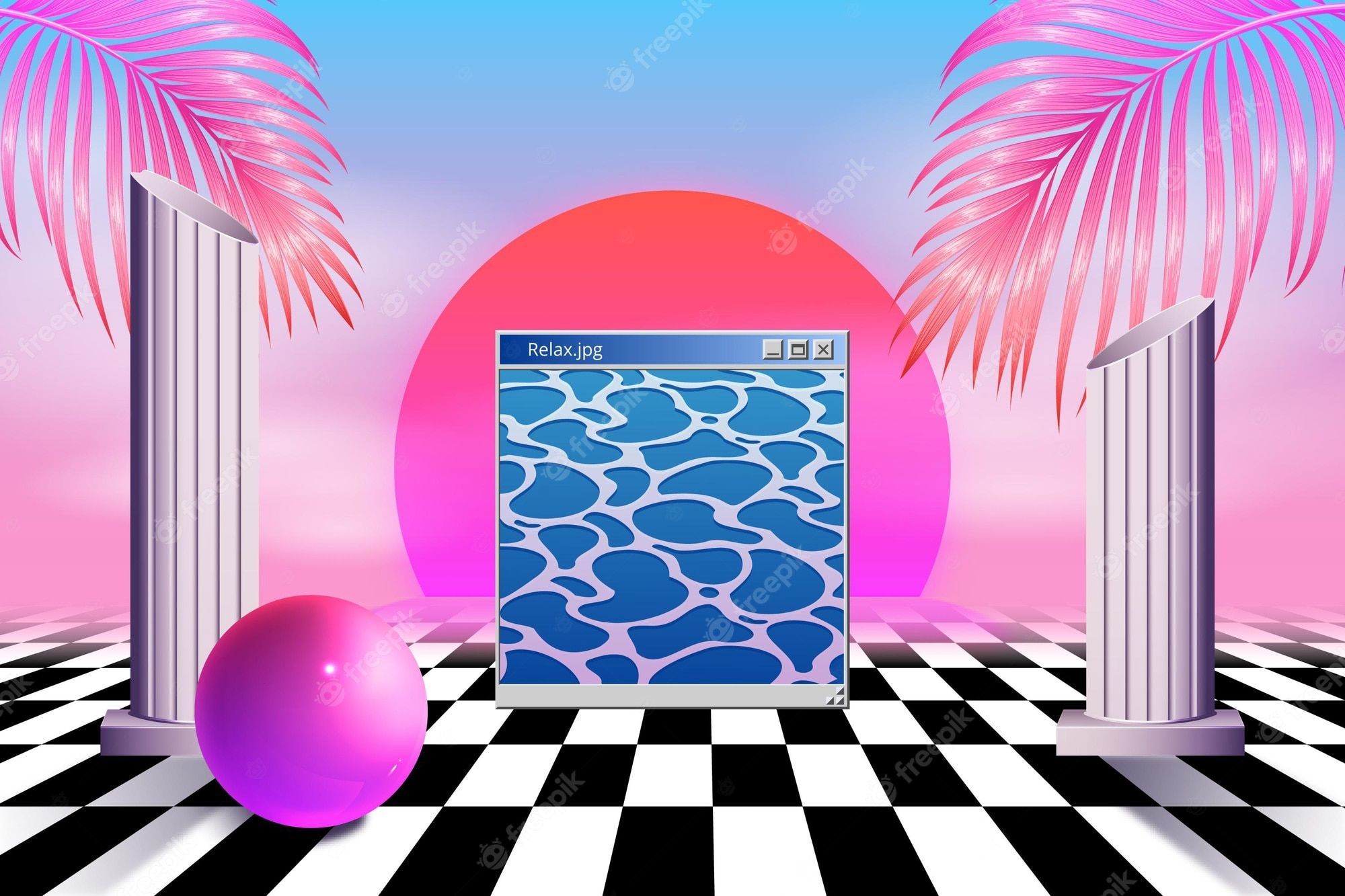 Vaporwave image with a pool on a checkered floor - Dark vaporwave, synthwave