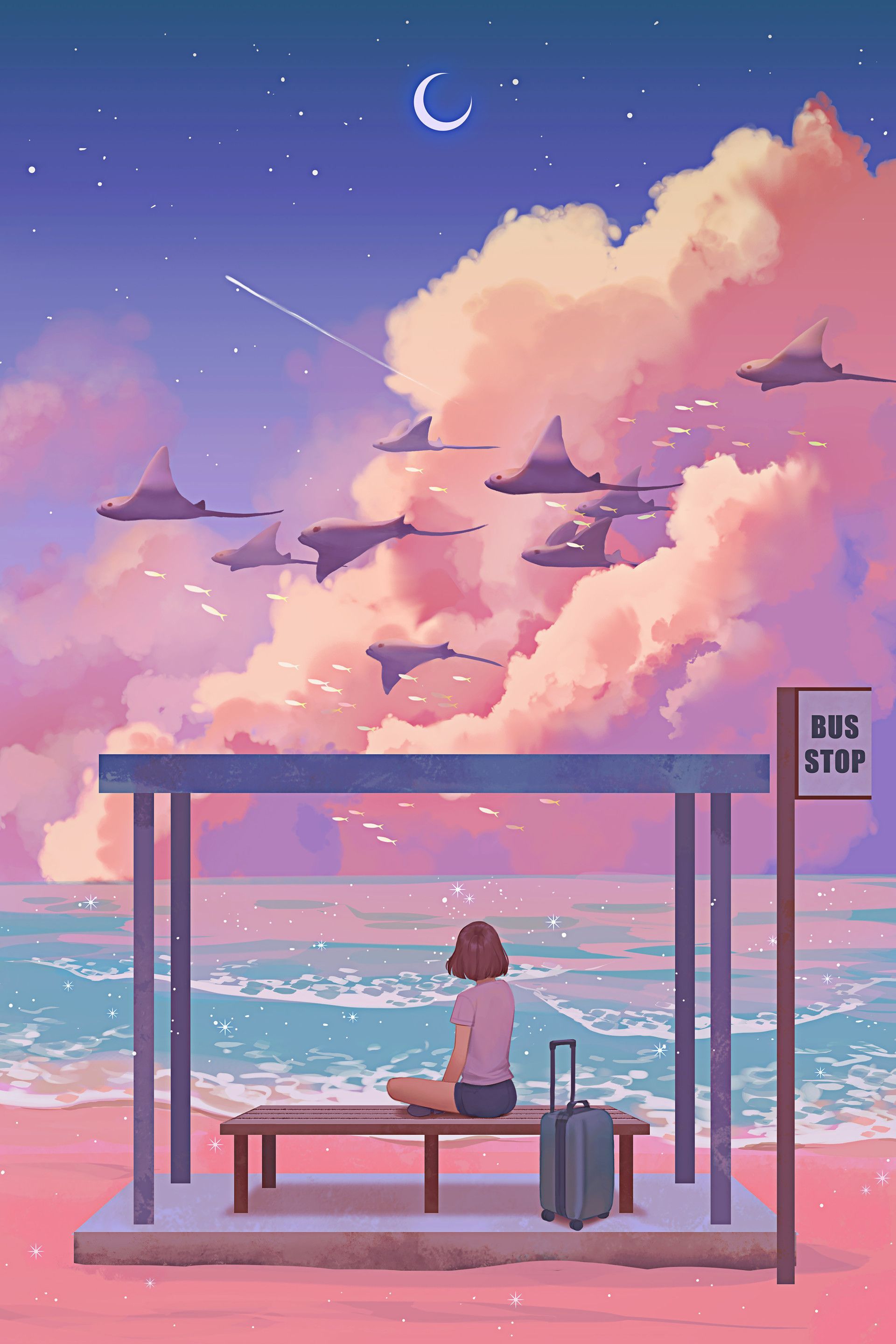 A woman sits on a bench at a bus stop, looking out at the ocean. In the sky, there are a flock of flying fish. - Anime, anime landscape
