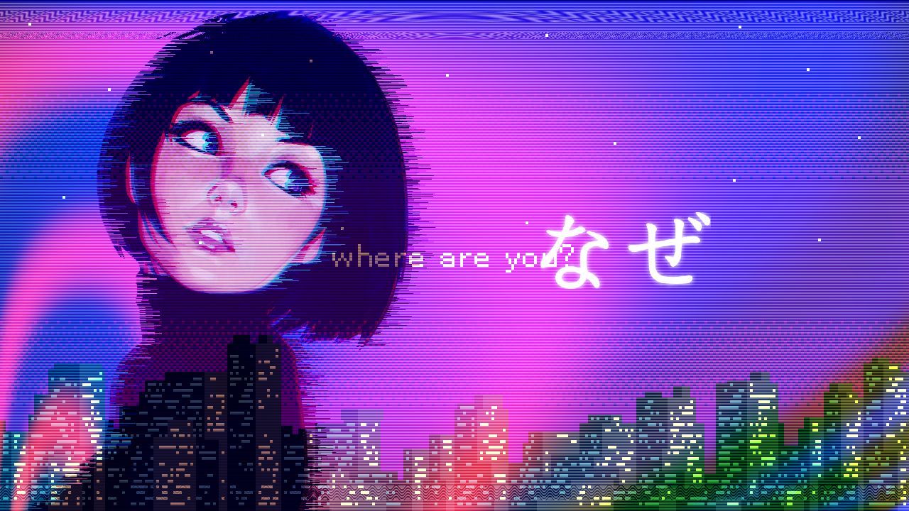 A cyberpunk anime aesthetic background with the text 