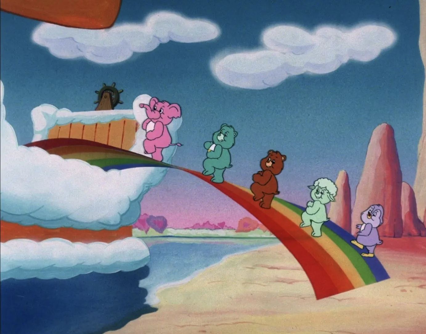 Five bears slide down a rainbow bridge - Care Bears