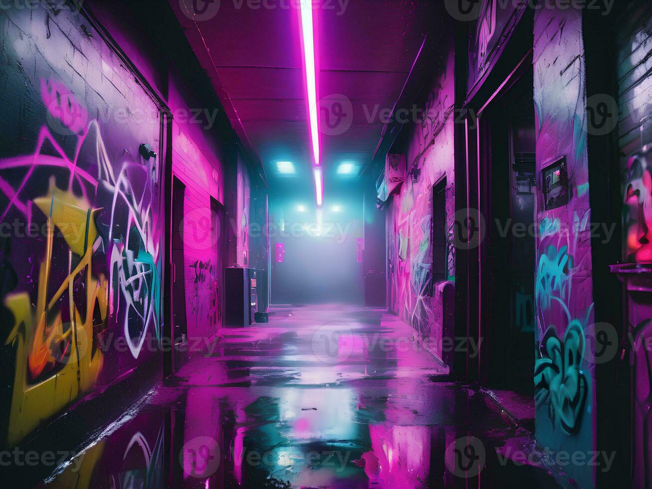 Landscape illustration of neon vaporwave cyberpunk street with graffiti on wall