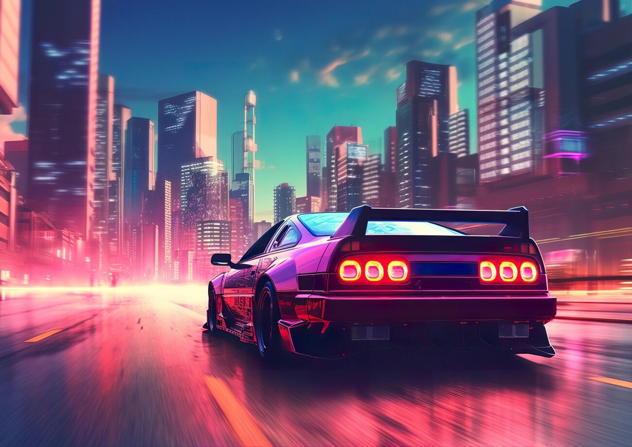 A car with red lights is driving down a road in a city. - Nissan Skyline