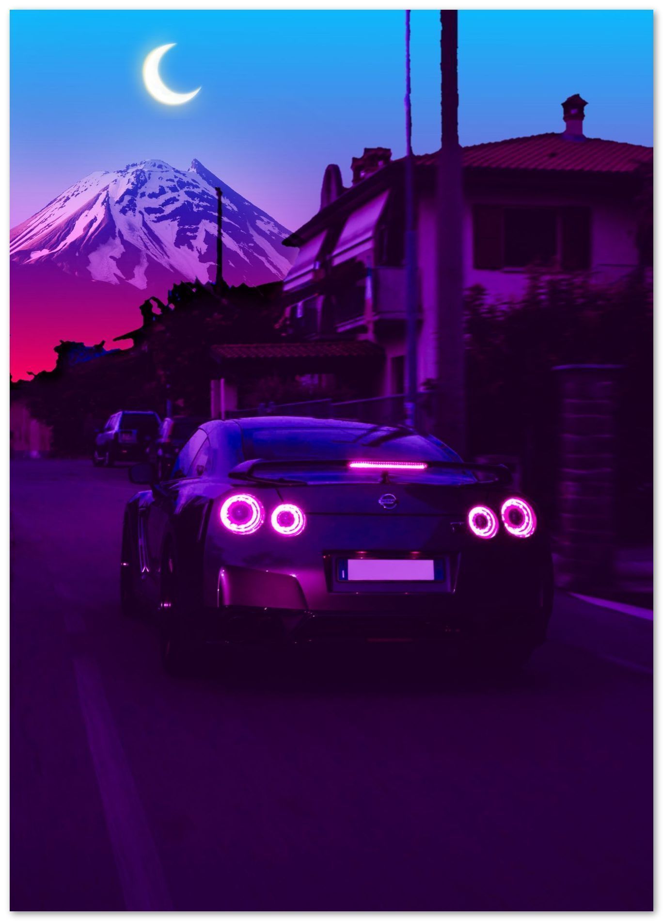 A Nissan GTR with purple lights in front of a mountain - Nissan Skyline