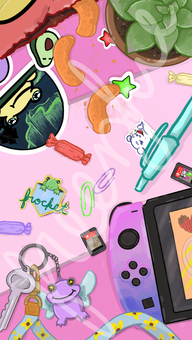 A pink background with a Nintendo Switch, succulents, stickers, and keys. - Nintendo