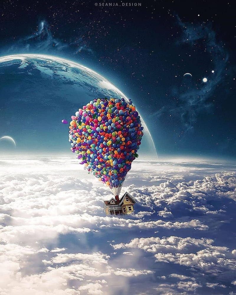 A house floating in the sky with balloons - Balloons