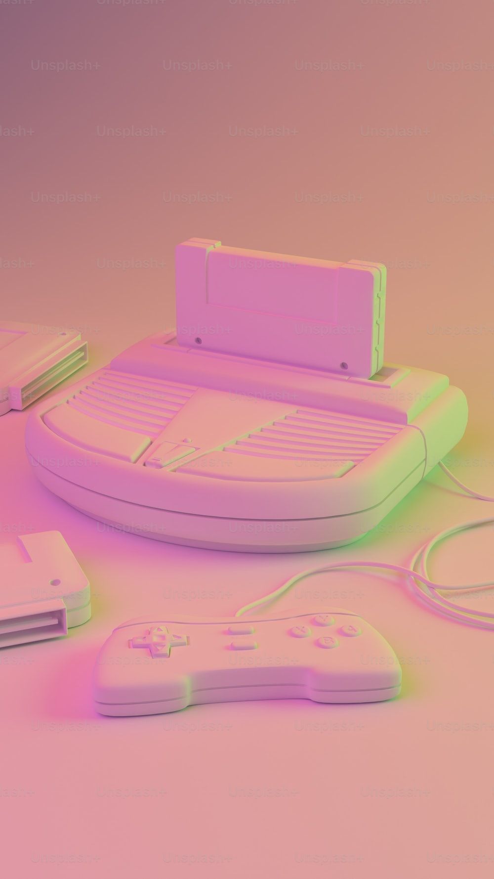 A pink and purple neon lit video game console with a controller and a memory card. - Nintendo
