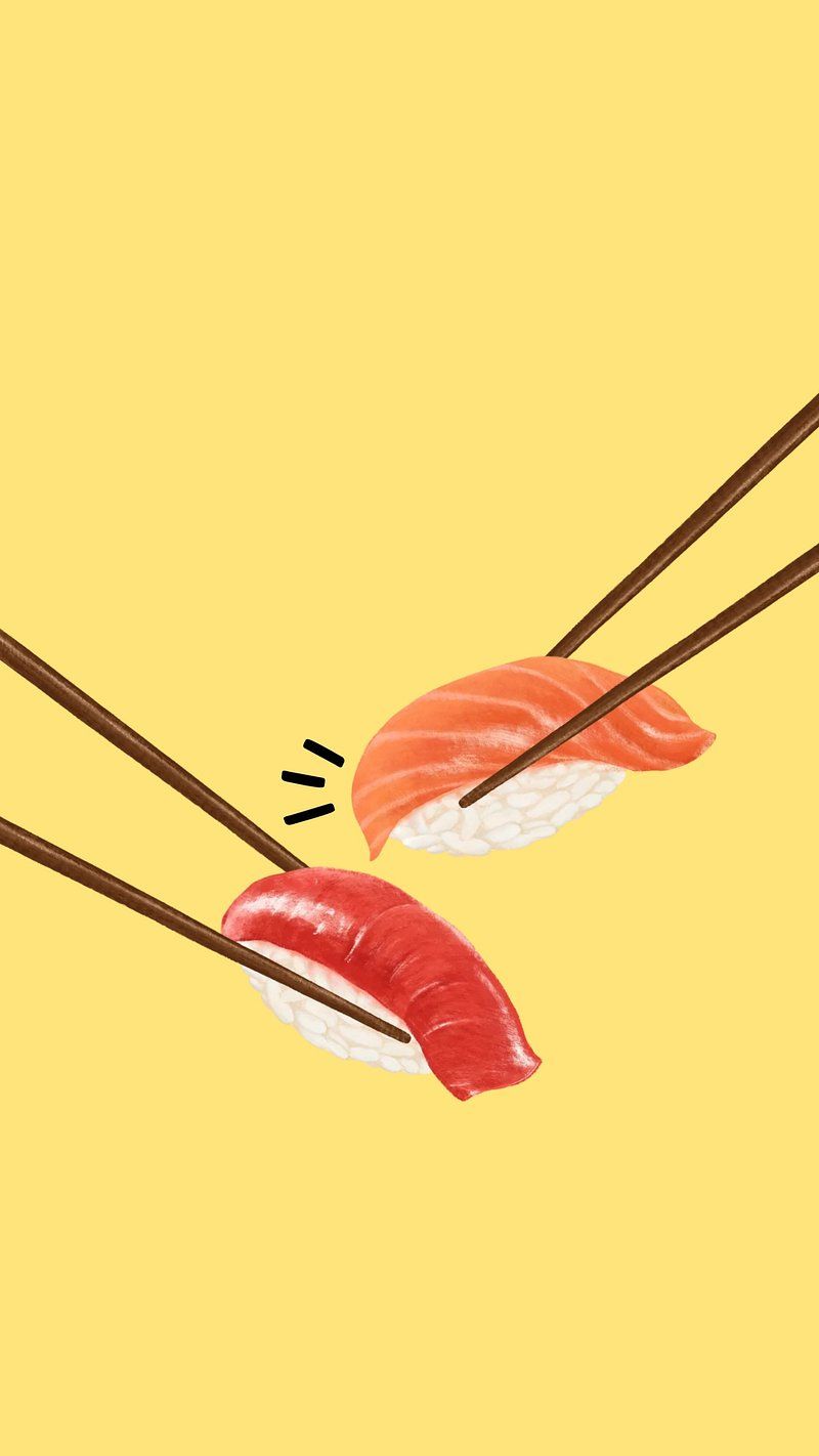 Two pieces of sushi being picked up by chopsticks on a yellow background - Sushi, salmon
