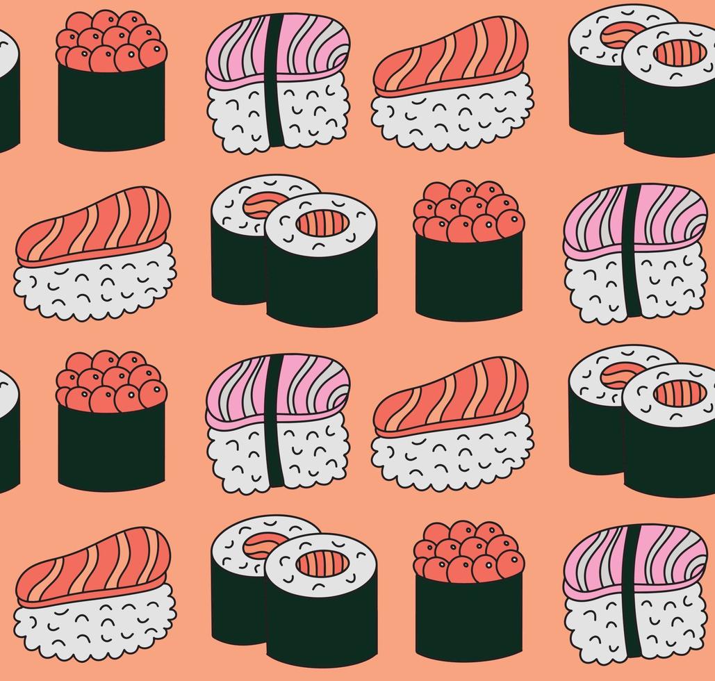 Seamless pattern background with bright cute sushi hand drawn doodles. Contour drawing with outline, asian food vector illustration backdrop, print, wallpaper