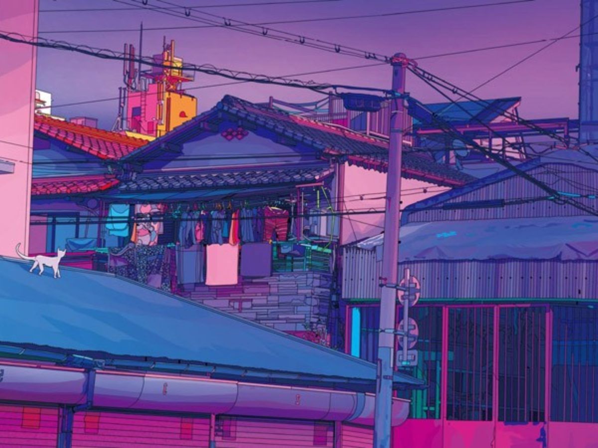 A cat on the roof of an old building - Anime, lo fi
