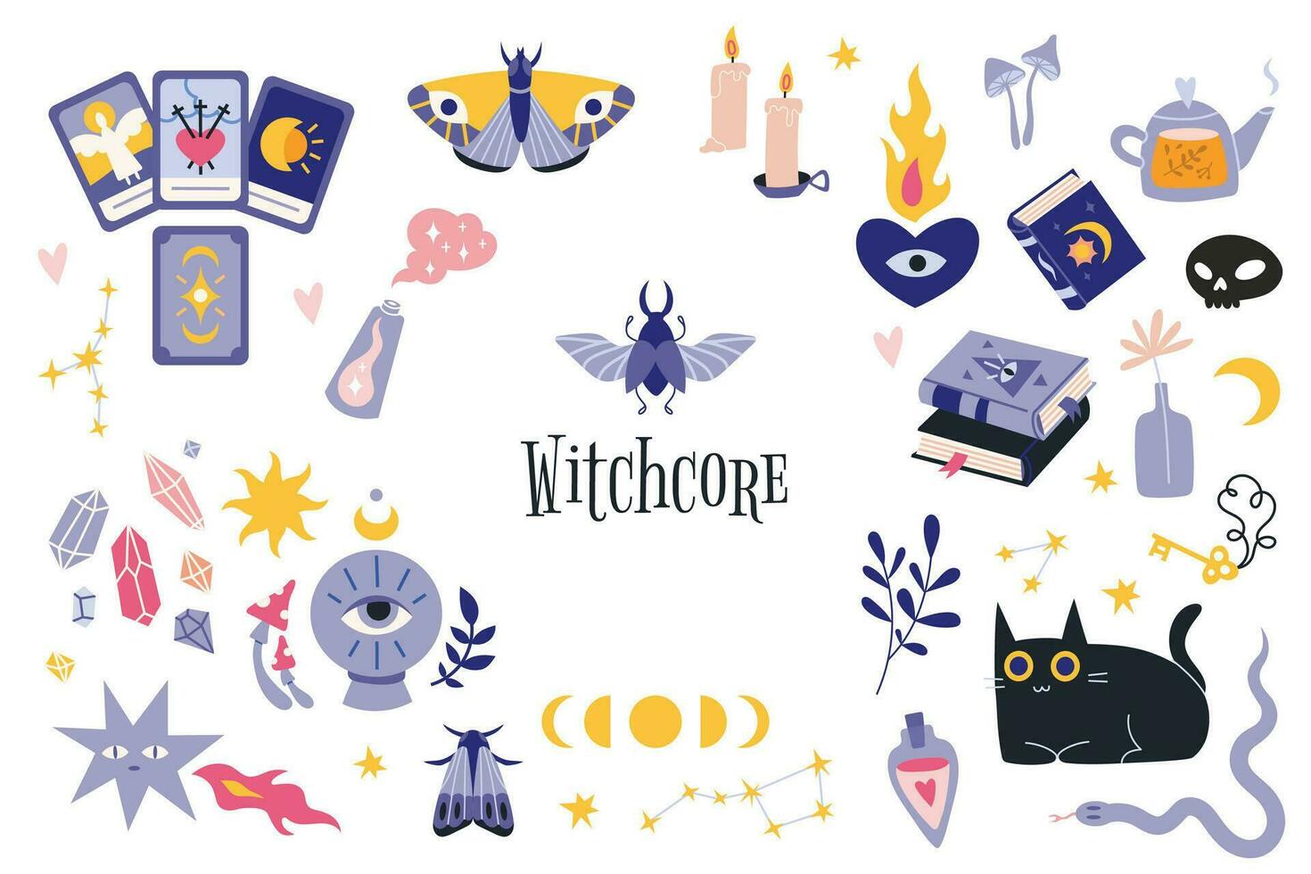 Witchcraft, withcore aesthetic set with occult things. Bohemian mystical magic collection clip art. Trendy modern vector illustration, hand drawn, flat