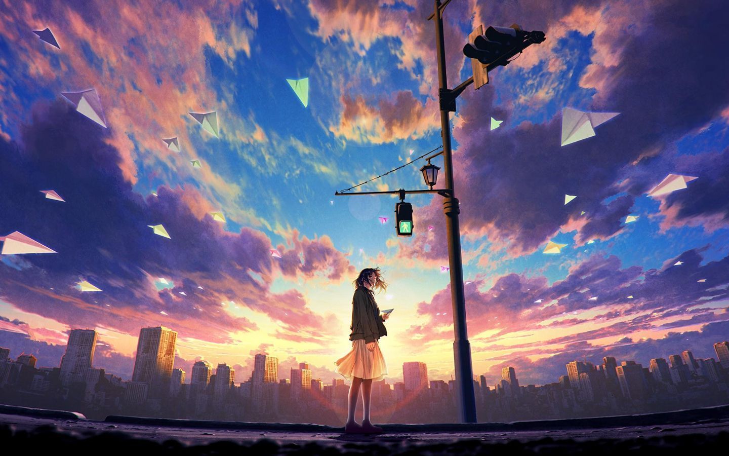 Anime girl standing under a street light - 1440x900