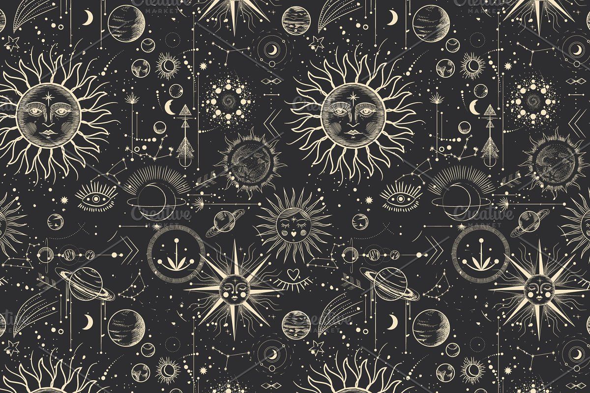 Seamless pattern with the sun, moon phases, planets, stars, constellations, zodiac signs. Space background. - Spiritual