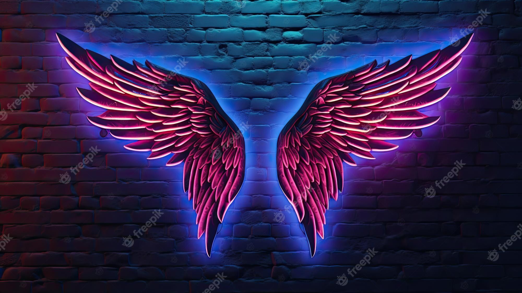 Neon wings on a brick wall background. 3d render - Wings