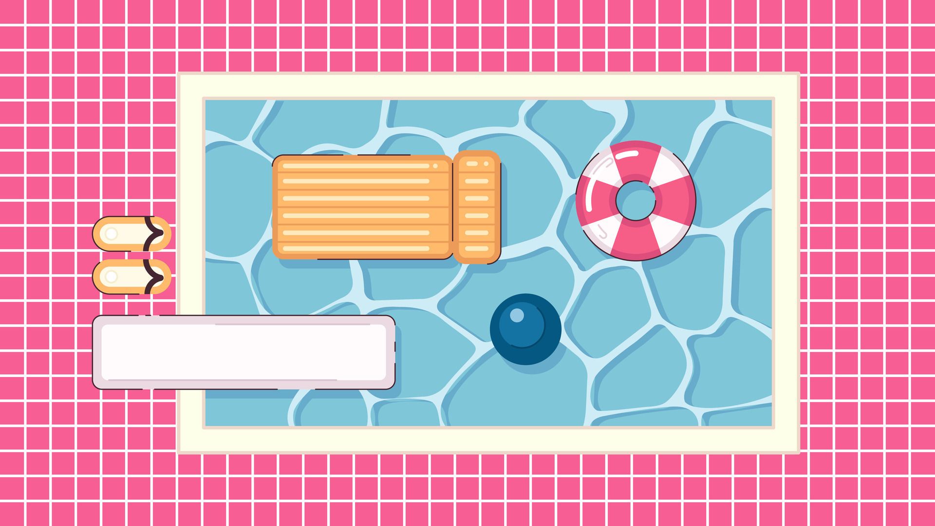 Swimming pool cute kawaii lo fi background. Relaxing zone. Floating mattress on water 2D vector cartoon exterior illustration, lofi aesthetic wallpaper desktop. Japanese anime scenery, dreamy vibes