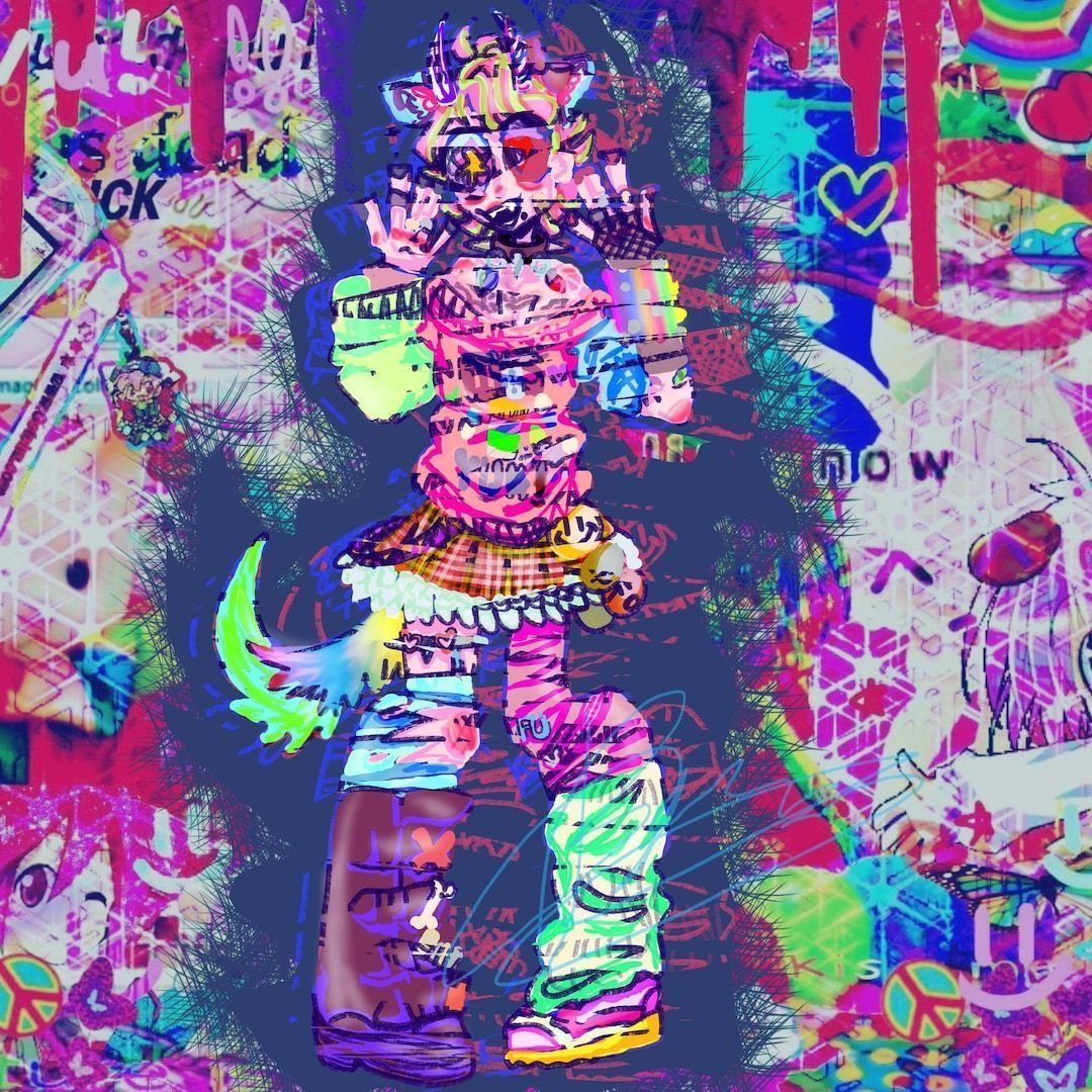 A colorful and abstract image of a robot with a pink head, pink and purple hair, and pink and purple clothing. - Glitchcore