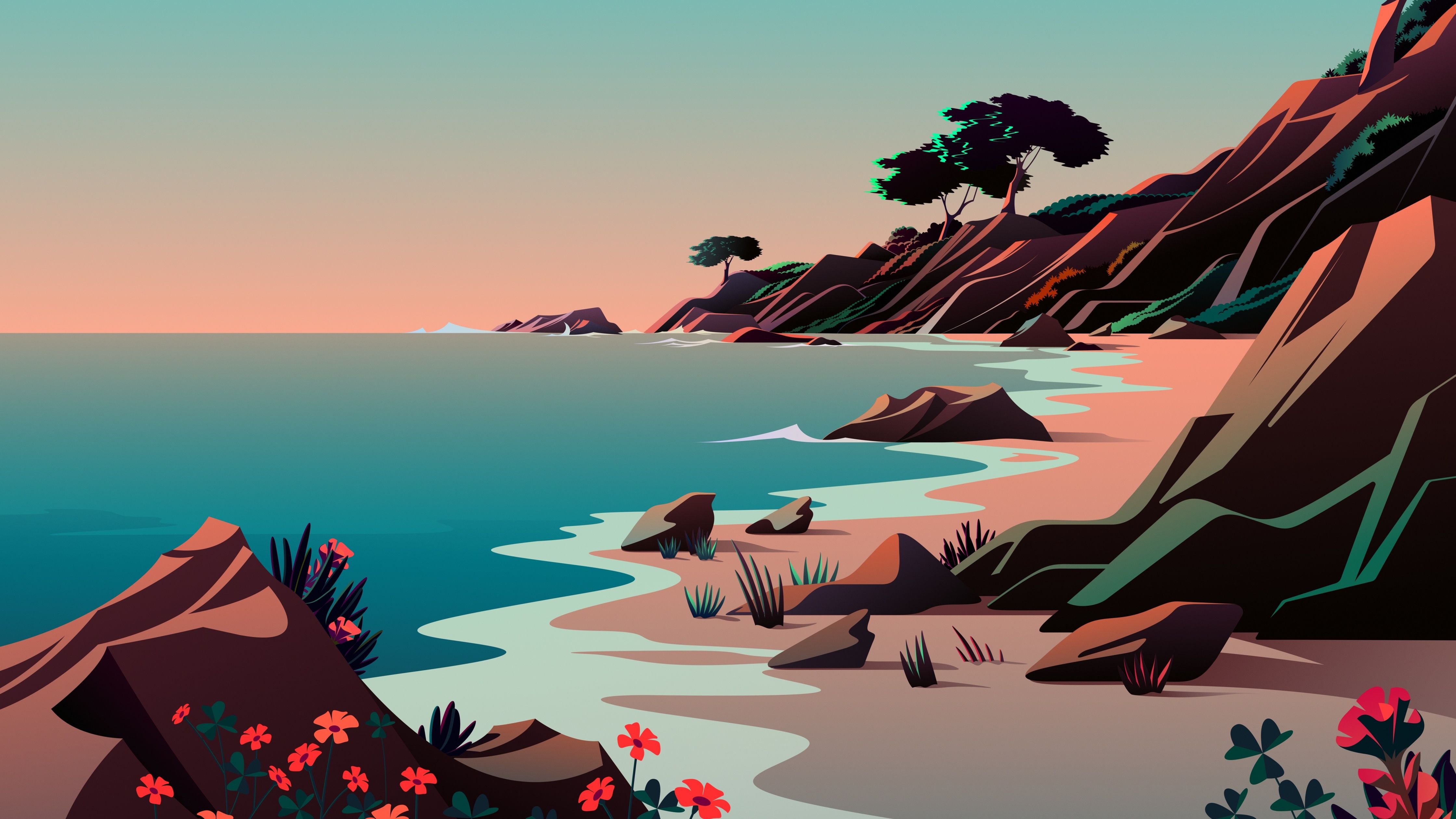A beach with rocks and flowers at sunset - Scenery, landscape, iMac, illustration
