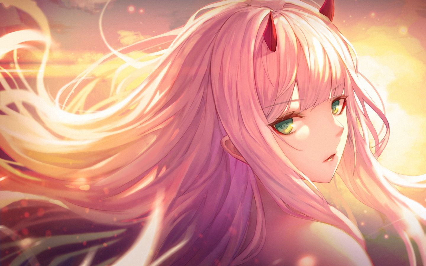 Anime girl with pink hair and green eyes staring into the distance - 1440x900