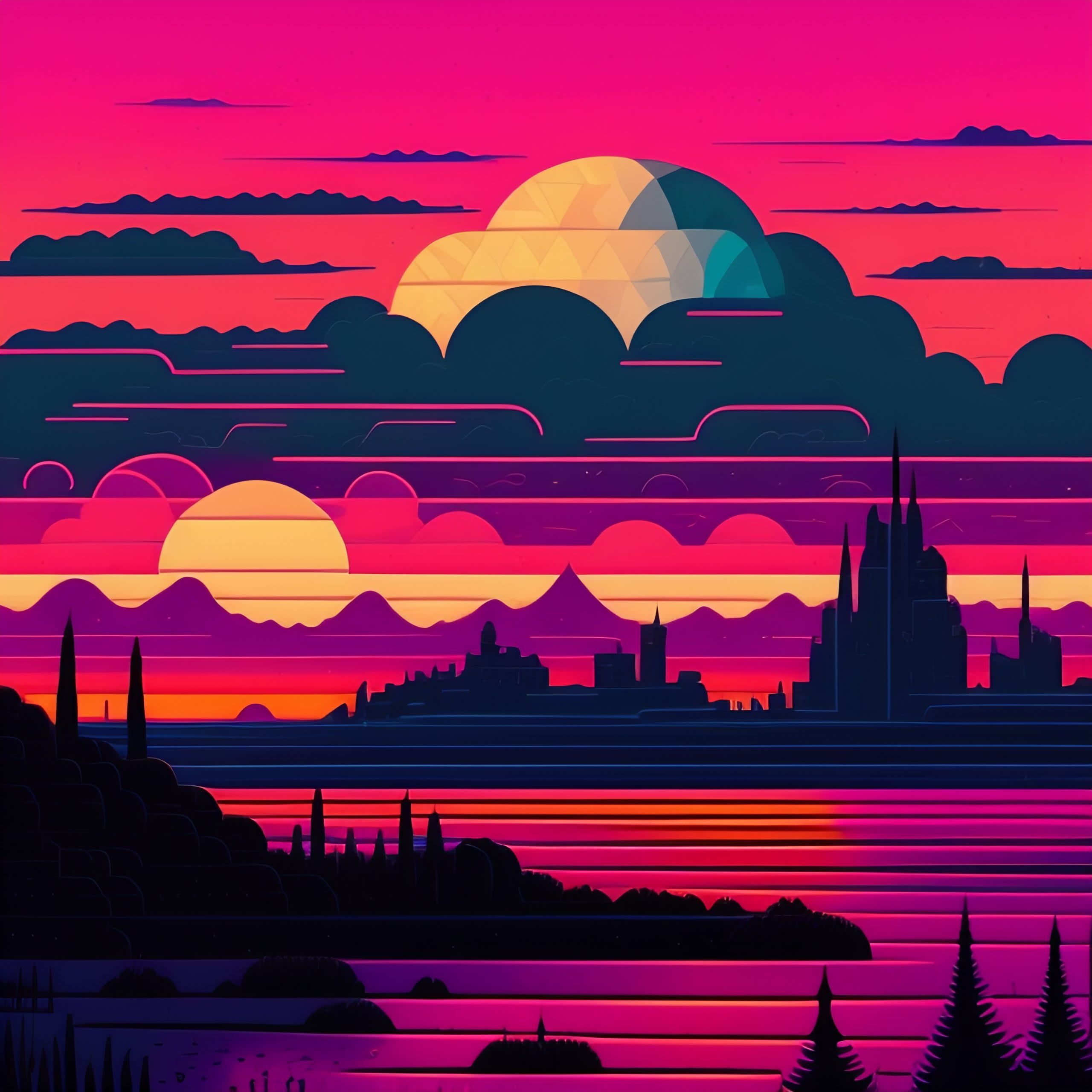 Create aesthetic synthwave art, pattern, wallpaper, stickers