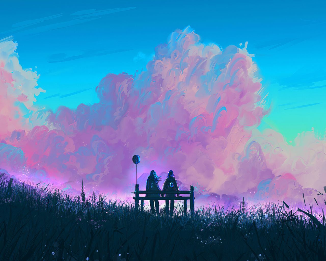A digital painting of two people sitting on a bench looking at the sky. - 1280x1024