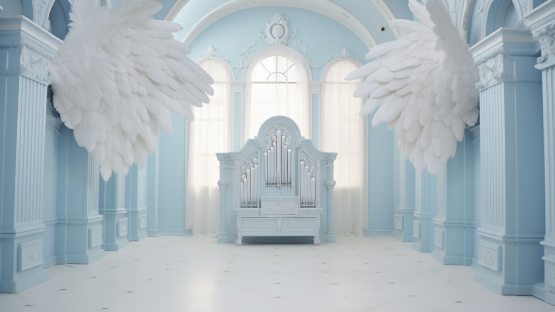 A white throne with white wings on each side. - Angelcore