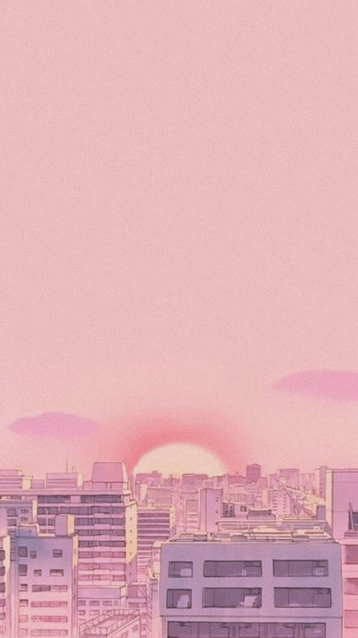 A cityscape with pink clouds and buildings - Anime, 90s, anime landscape, 90s anime, pink anime