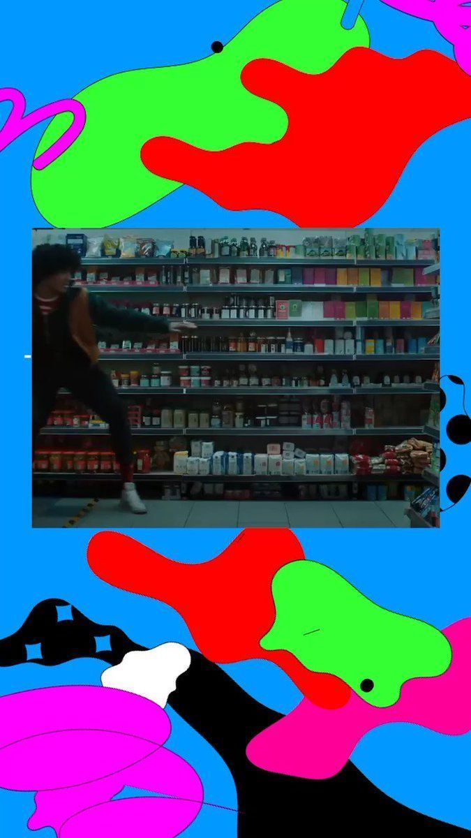 A collage of a person walking through a grocery store with a blue background and pink and green clouds. - Glitchcore