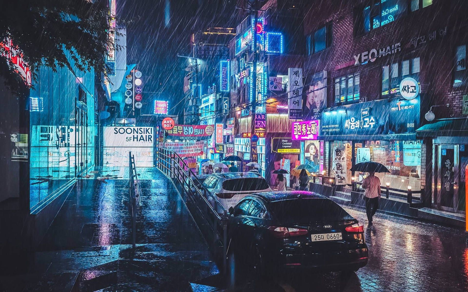 A street in Seoul at night with neon lights and rain. - 1920x1200