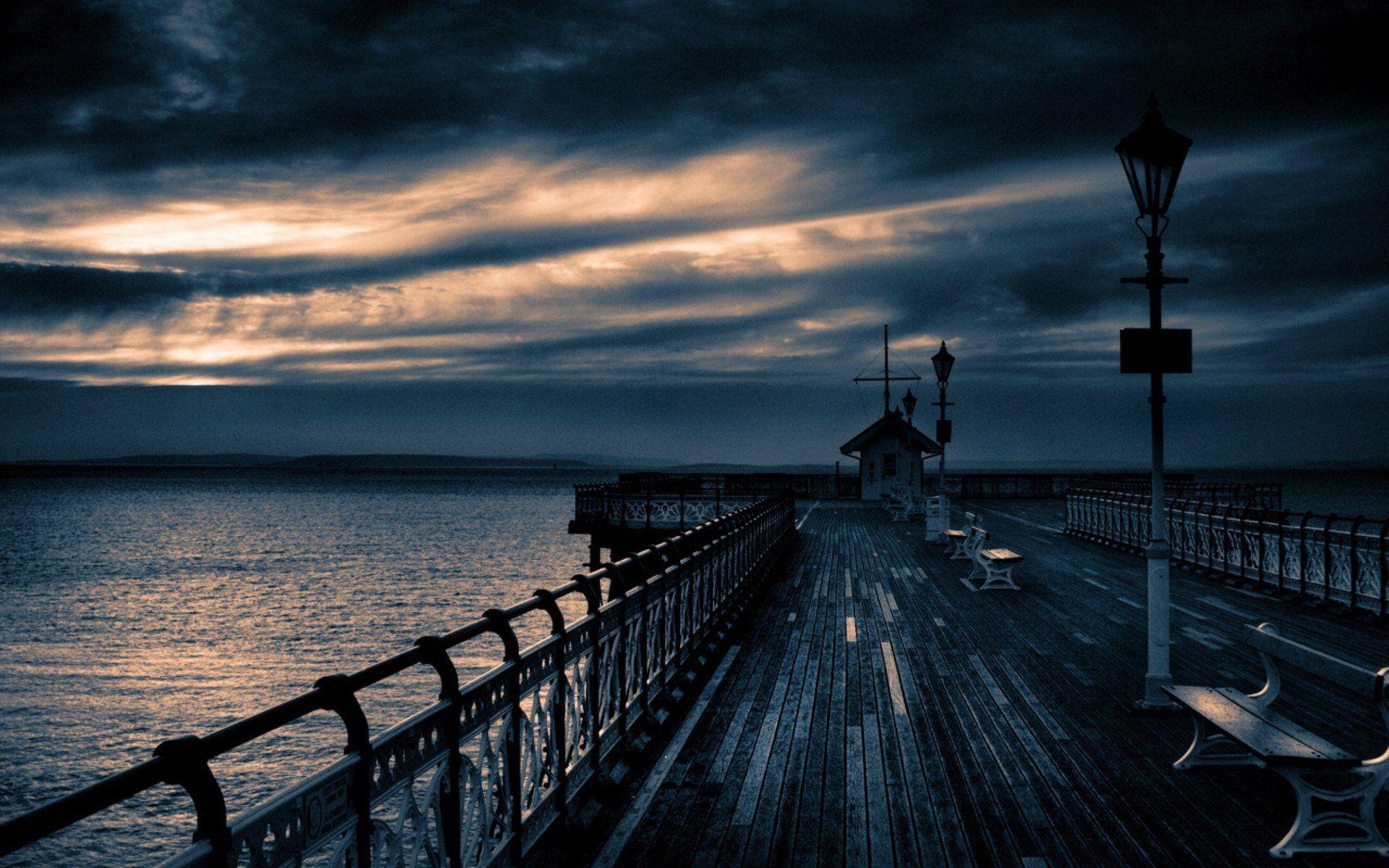 A pier at night with a dark aesthetic wallpaper - 1920x1200
