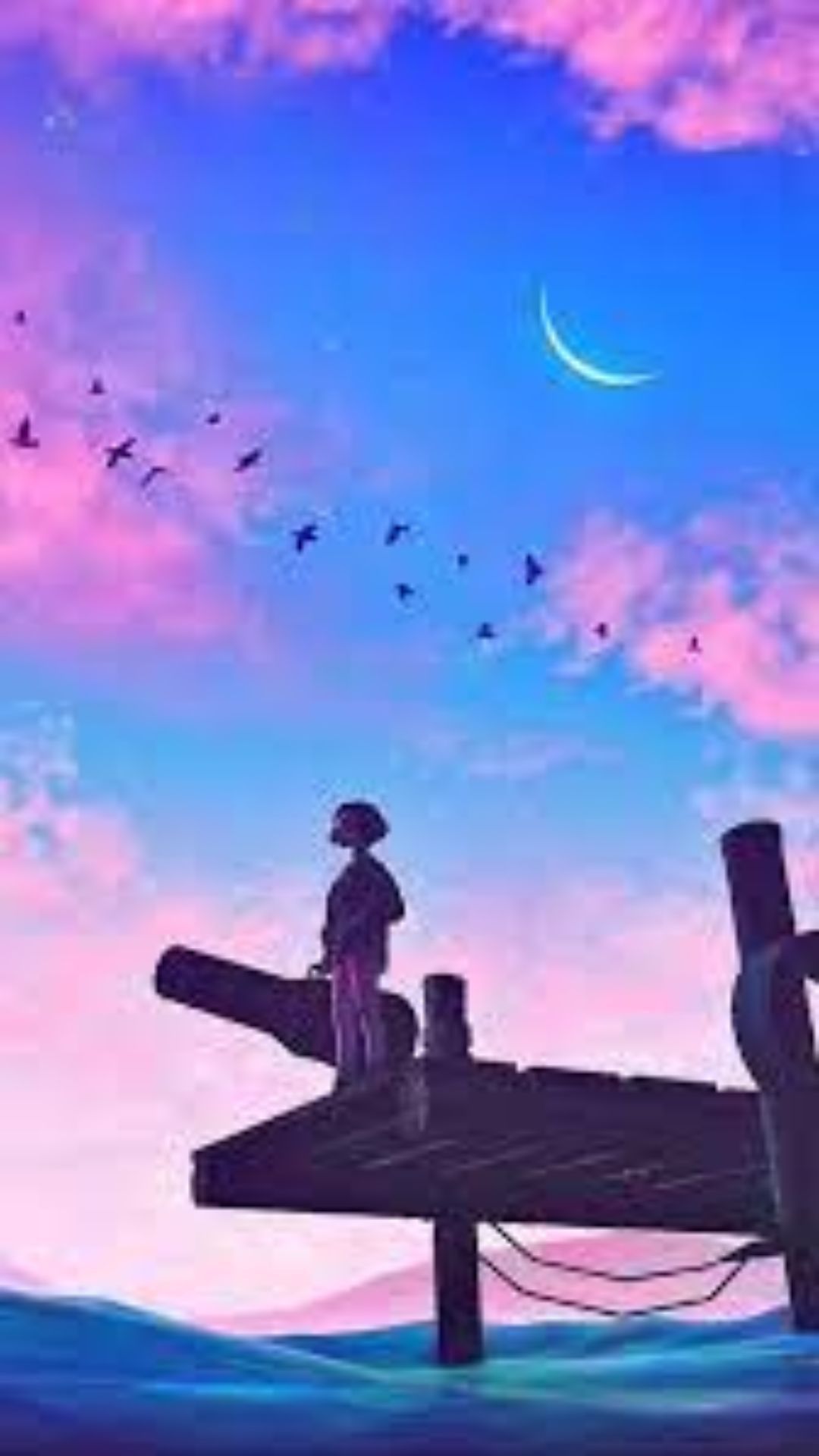 Anime boy standing on a dock - Anime, Android, anime landscape, blue anime