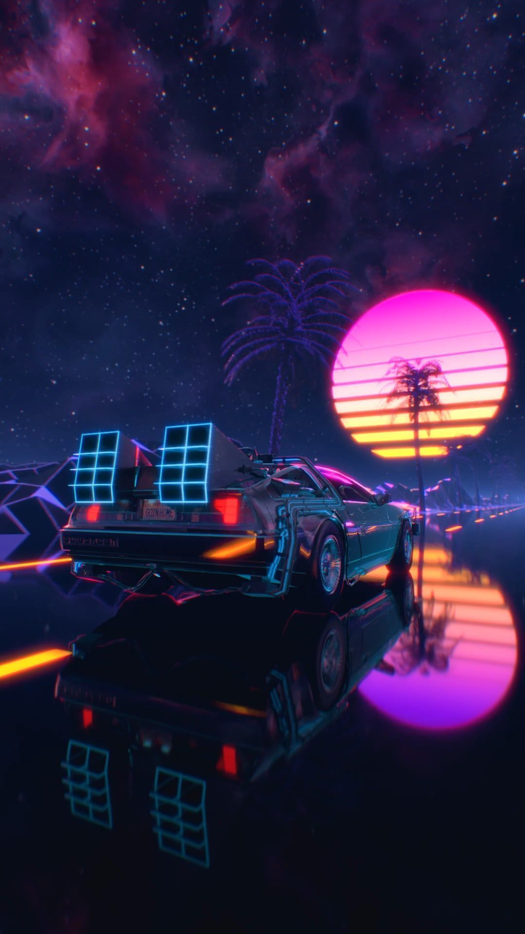 Back to the future, 80s, DeLorean, sunset, palm tree, synthwave, retro, iPhone wallpaper - Synthwave