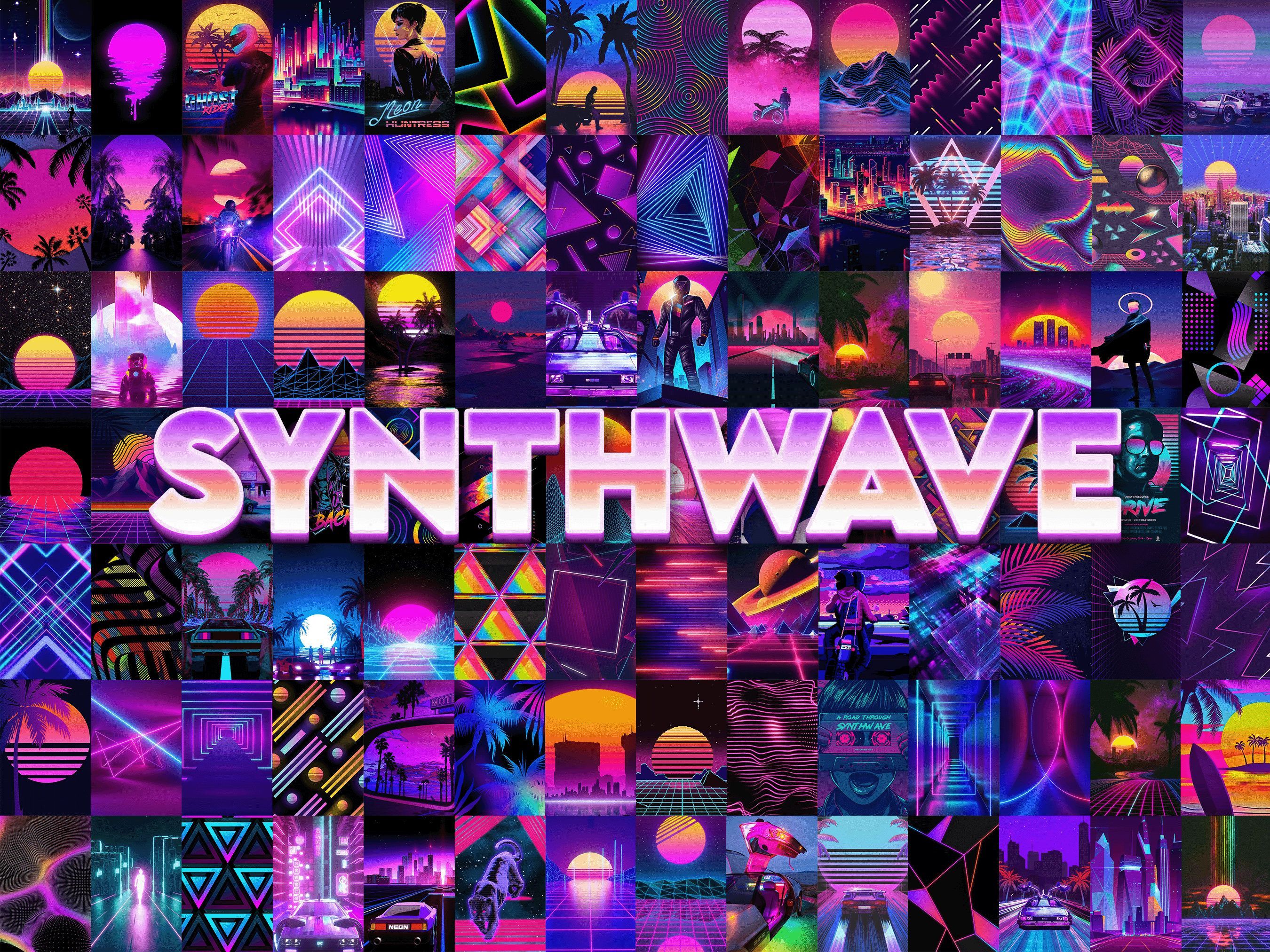 A collage of images related to Synthwave, a subgenre of electronic music. - Synthwave