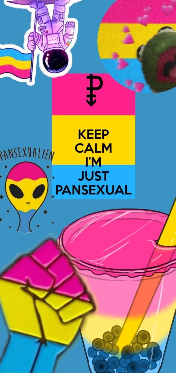 A colorful collage of pansexual pride images including a pink drink, a yellow alien, a purple astronaut, and a blue background. - Pansexual