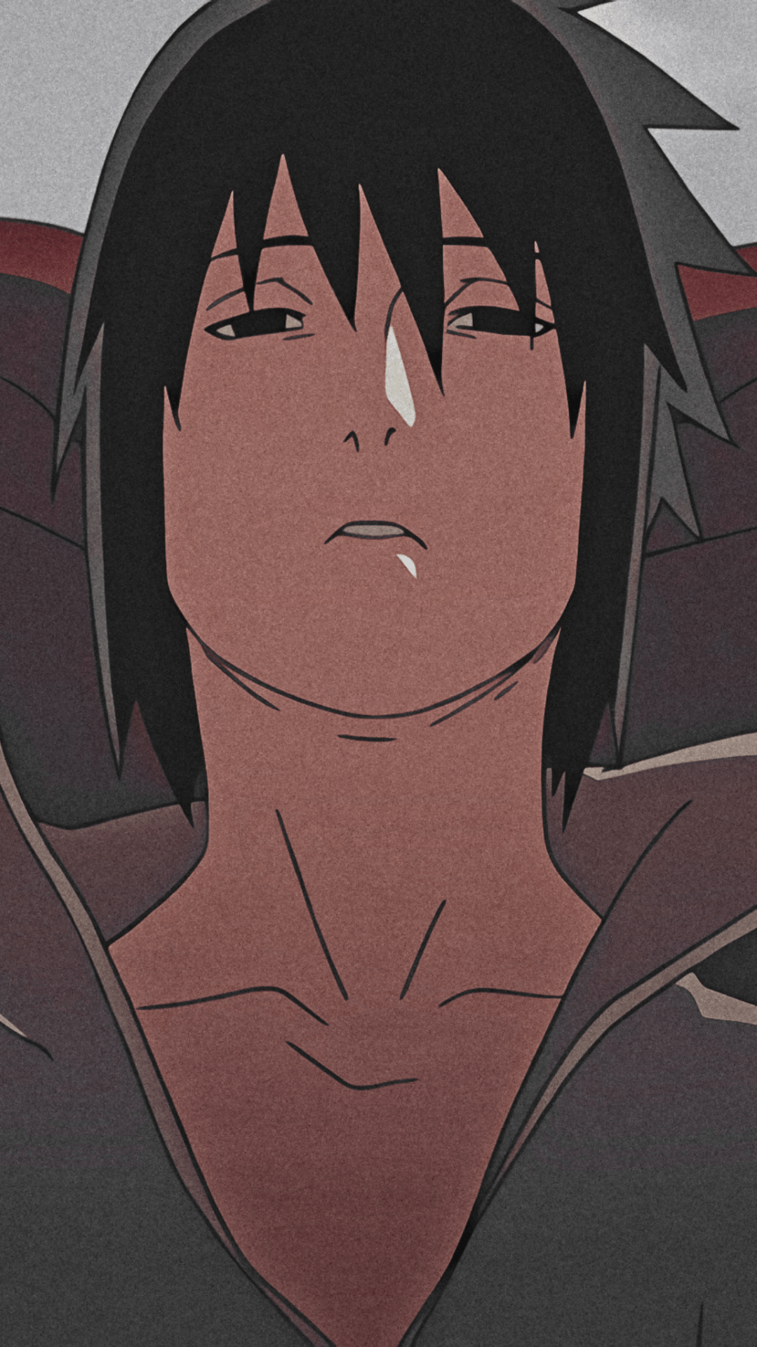 A digital artwork of Itachi Uchiha from Naruto. He is wearing a black hooded jacket and has a tear rolling down his right eye. - Sasuke Uchiha