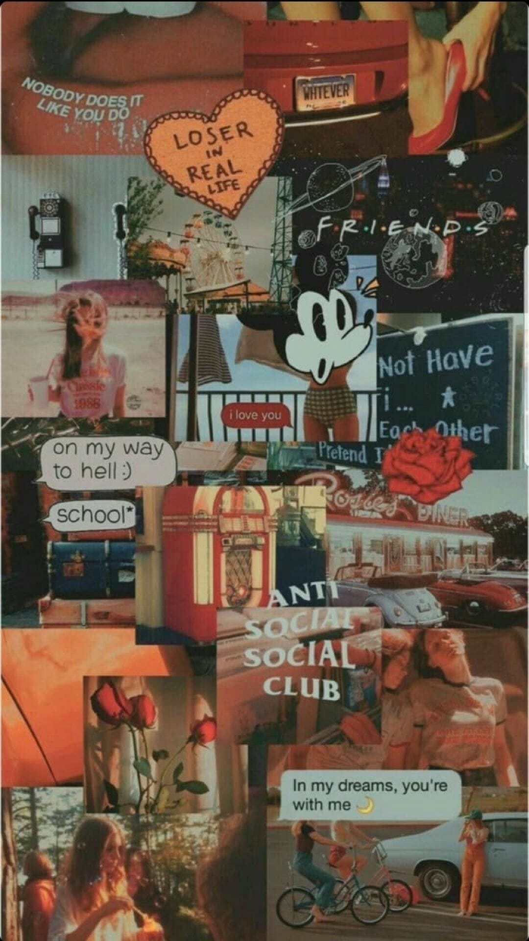 Aesthetic collage background with a red rose, mickey mouse, and anti social social club - Retro, collage, 90s, vintage fall, vintage, 80s