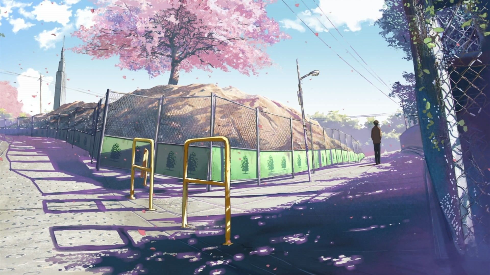 A 1200x630 anime scenery wallpaper of a street with a pink tree and a fence - Anime, anime landscape