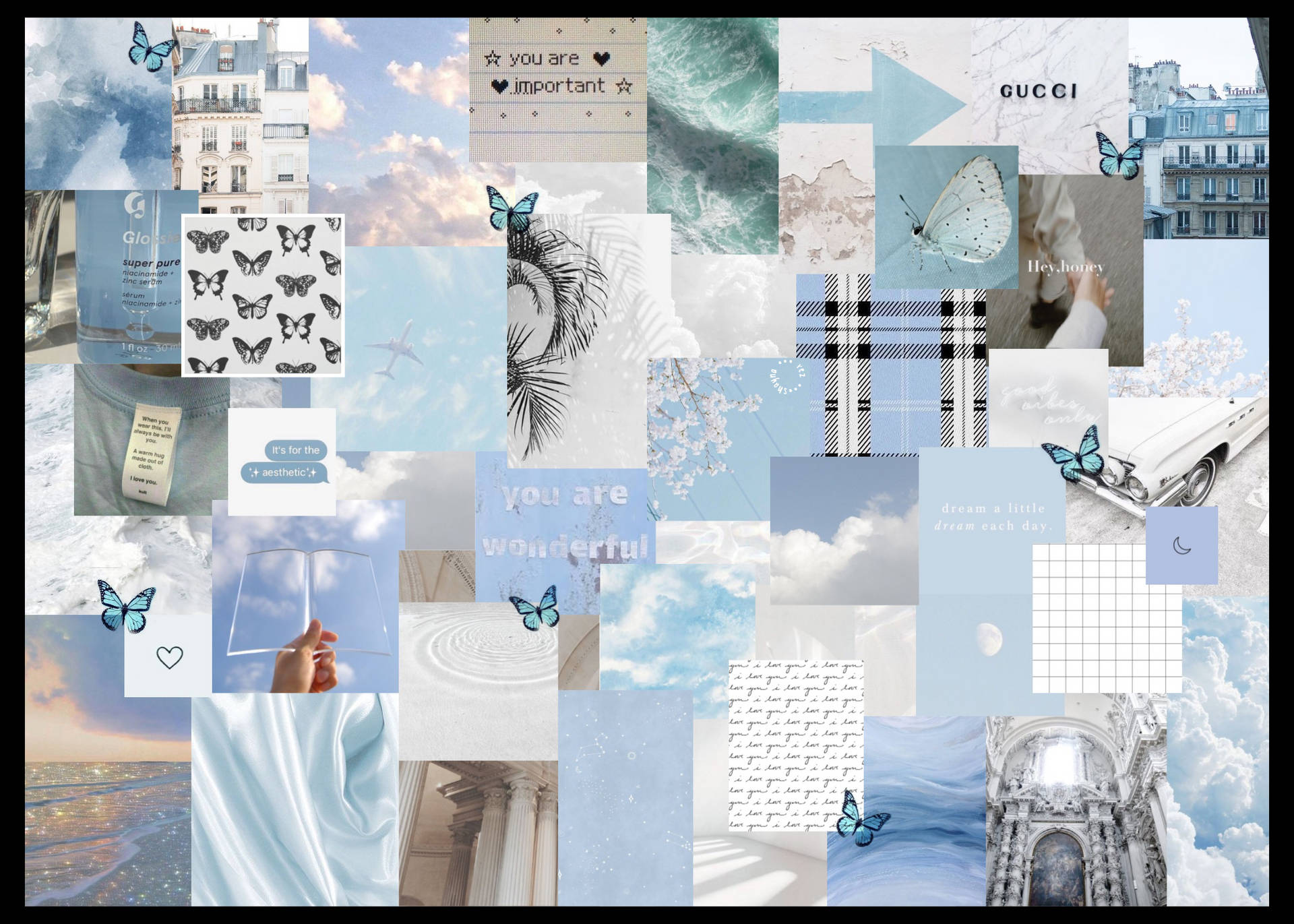 A collage of pictures with blue and white backgrounds - Pastel blue, collage