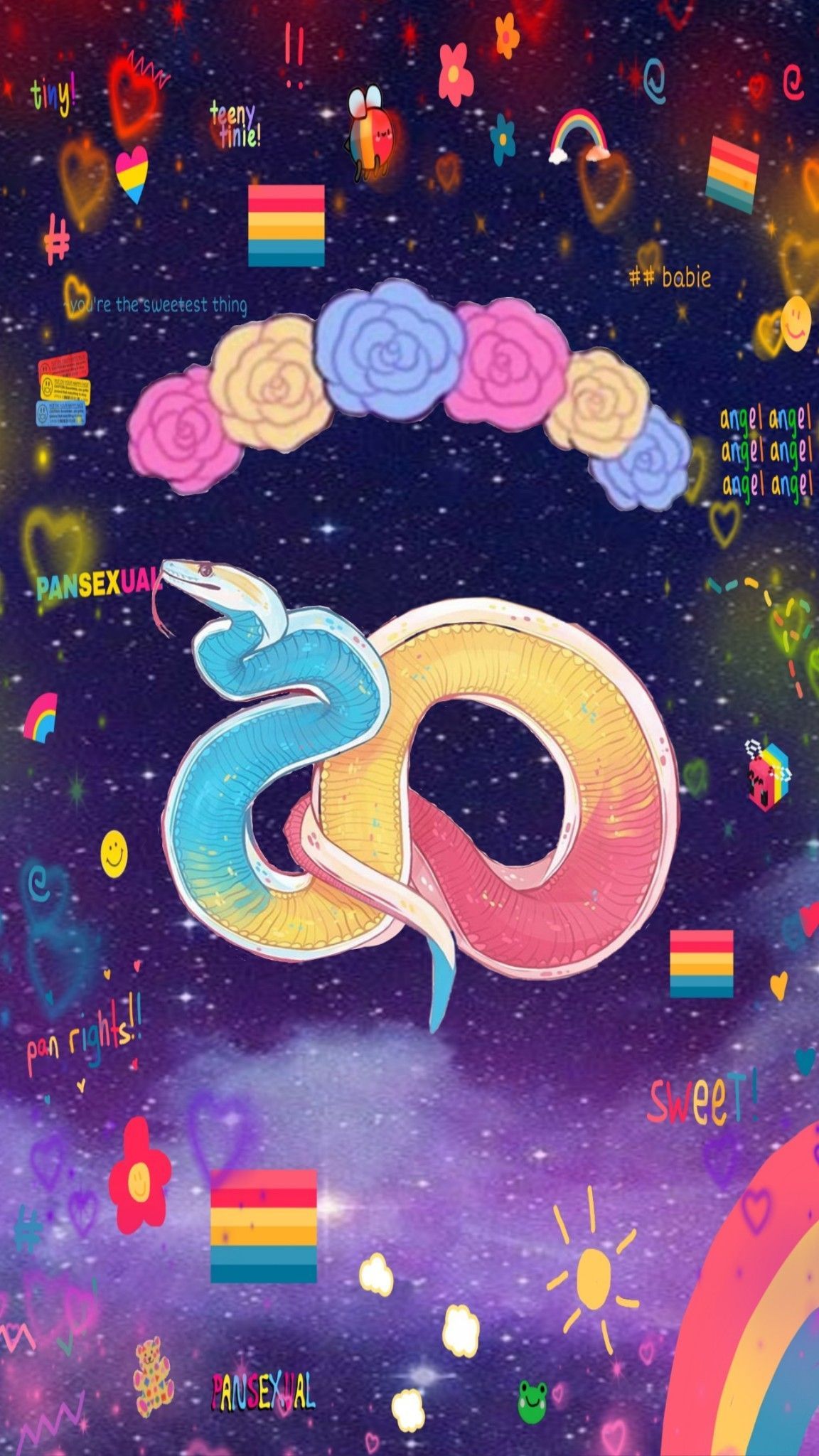 A digital artwork of a rainbow snake with the word 
